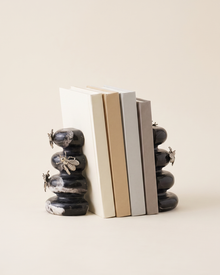 Black Hive Marble Bookend Set with Silver Bees