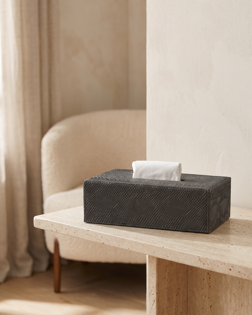 Black Lizard Embossed Tissue Box - styled on a travertine console in a light interior