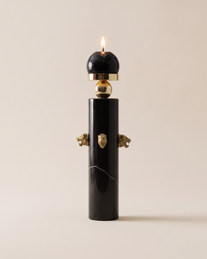 Black Marble Candle Holder with Brass Tiger Heads (One Piece)