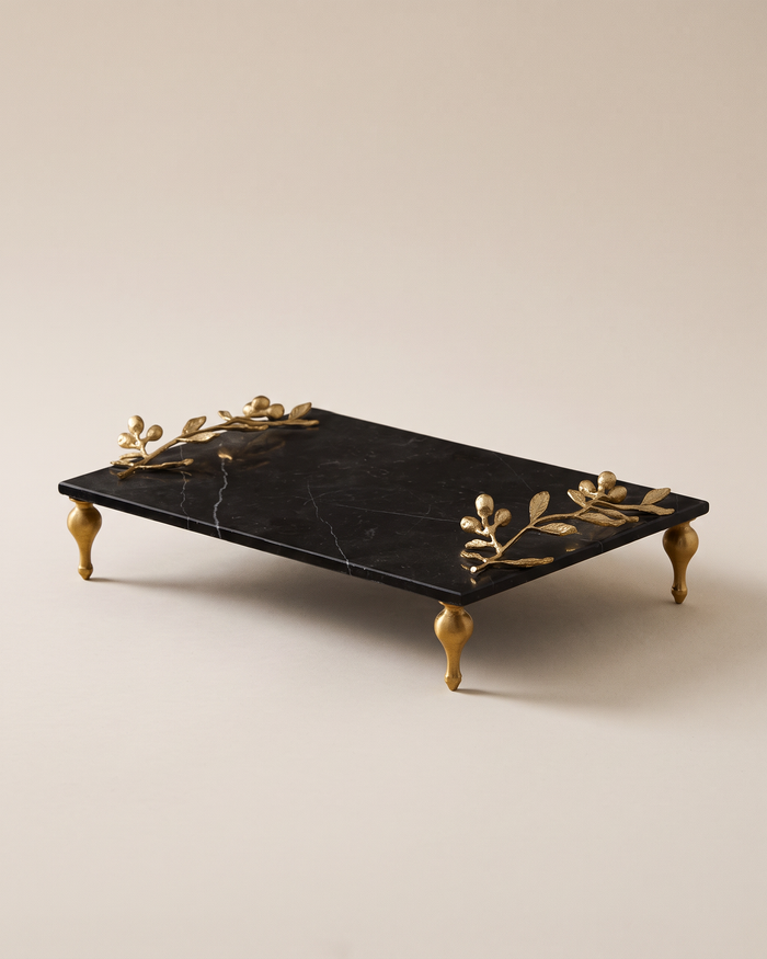 Black Marble Tray with Gold Olive Branch (One Piece)