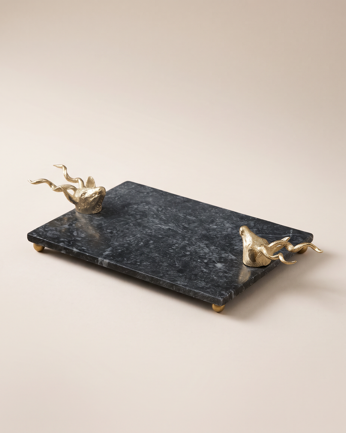 Black Marble Tray with Gold Deer Handles (One Piece)