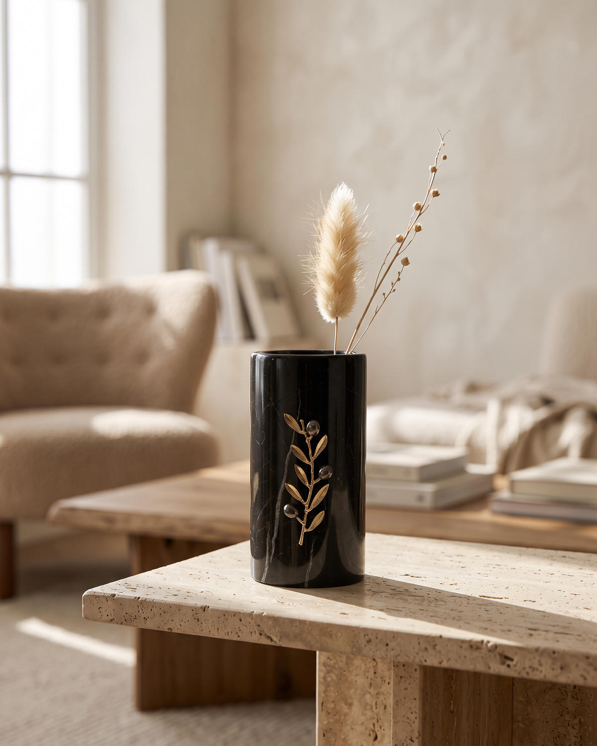 Black Marble Vase with Brass Olive Branch (One Piece) styled in a warm interior