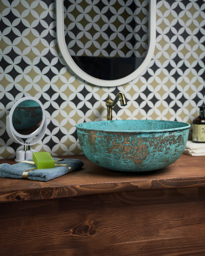 Handmade Blue Patina Copper Sink for Kitchen & Bathroom – Eco-Friendly, Pure Copper Vessel with Drain Cap