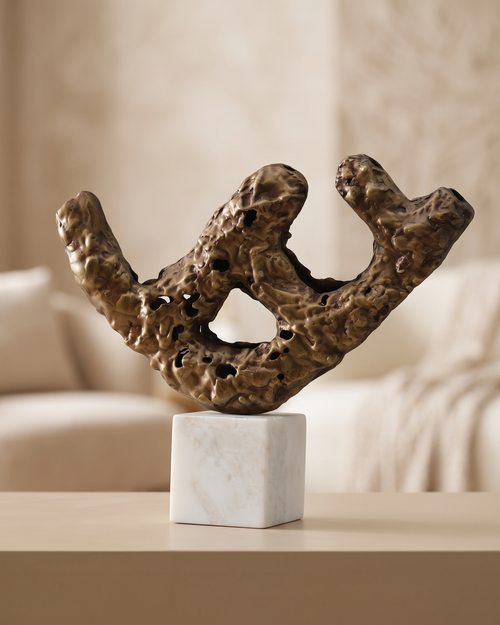 Brass Balance Log Decorative Object II - styled on a warm beige console in a cosy interior