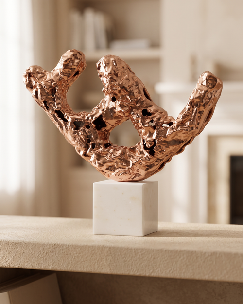 Brass Balance Log Decorative Object III - styled on a warm beige console in a cosy interior