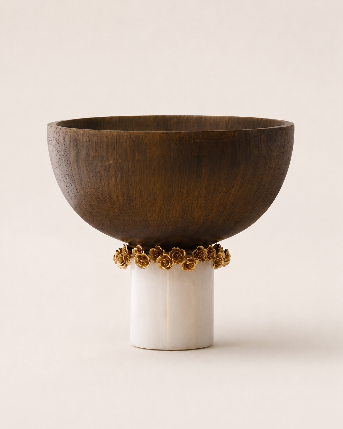 Brass Bowl with Rose on a pale ivory studio background