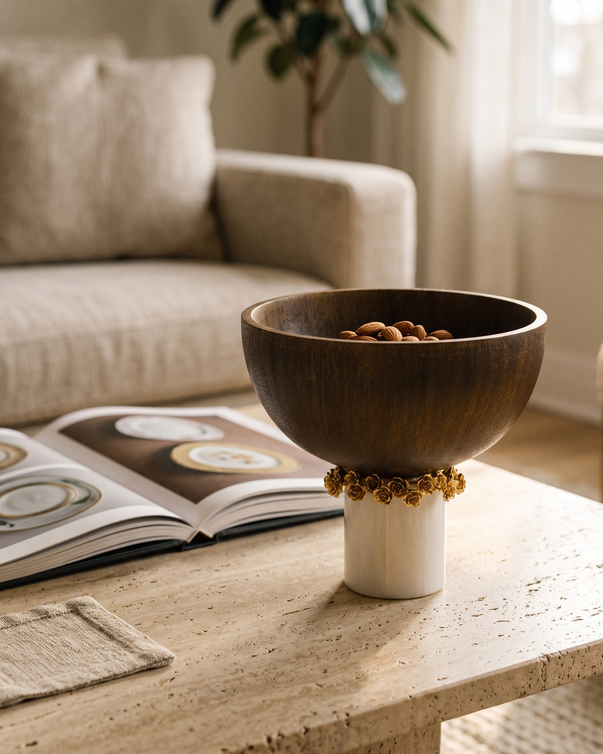 Brass Bowl with Rose styled in a warm interior setting