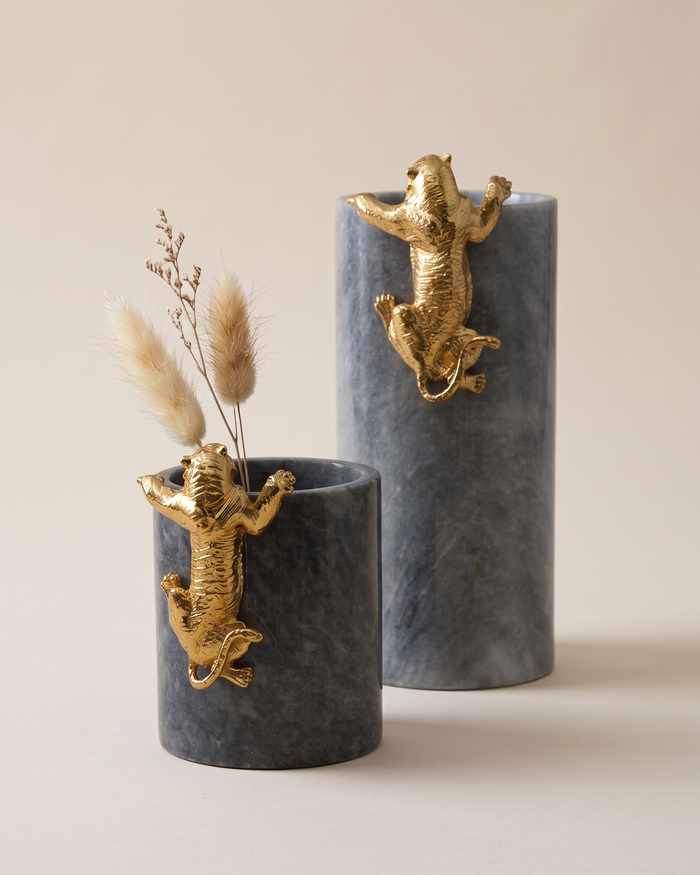Grey Marble Vases with Brass Leopards (Set of 2)