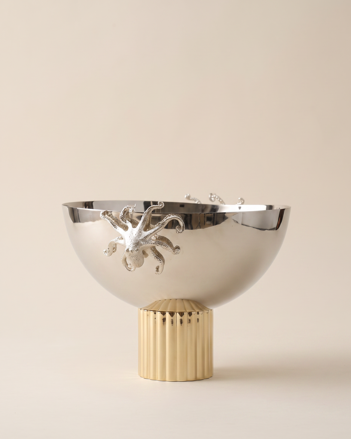 Brass Octopus Bowl on Inlaid Base on a pale ivory studio background