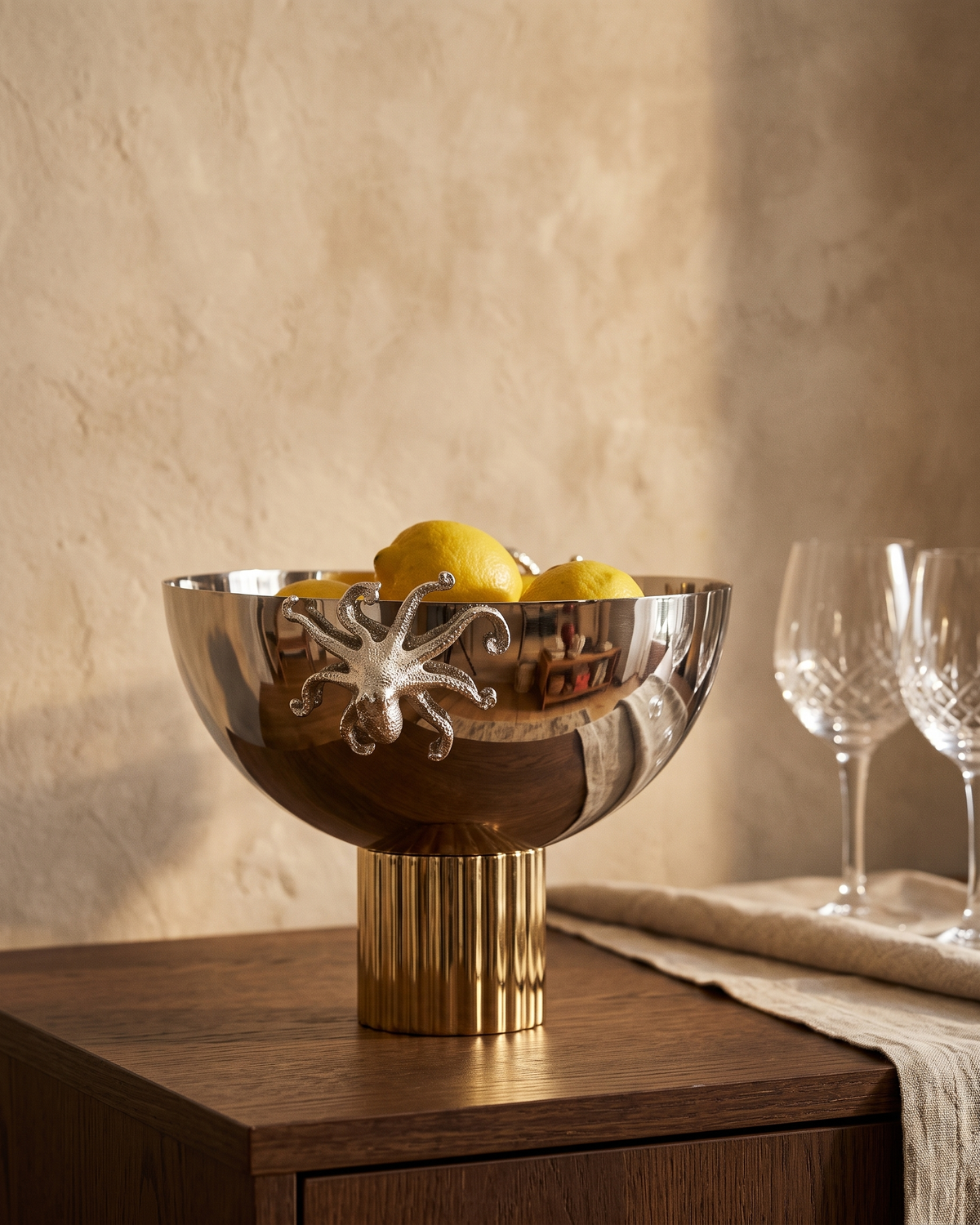 Brass Octopus Bowl on Inlaid Base styled in a warm interior setting