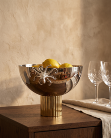 Brass Octopus Bowl on Inlaid Base styled in a warm interior setting