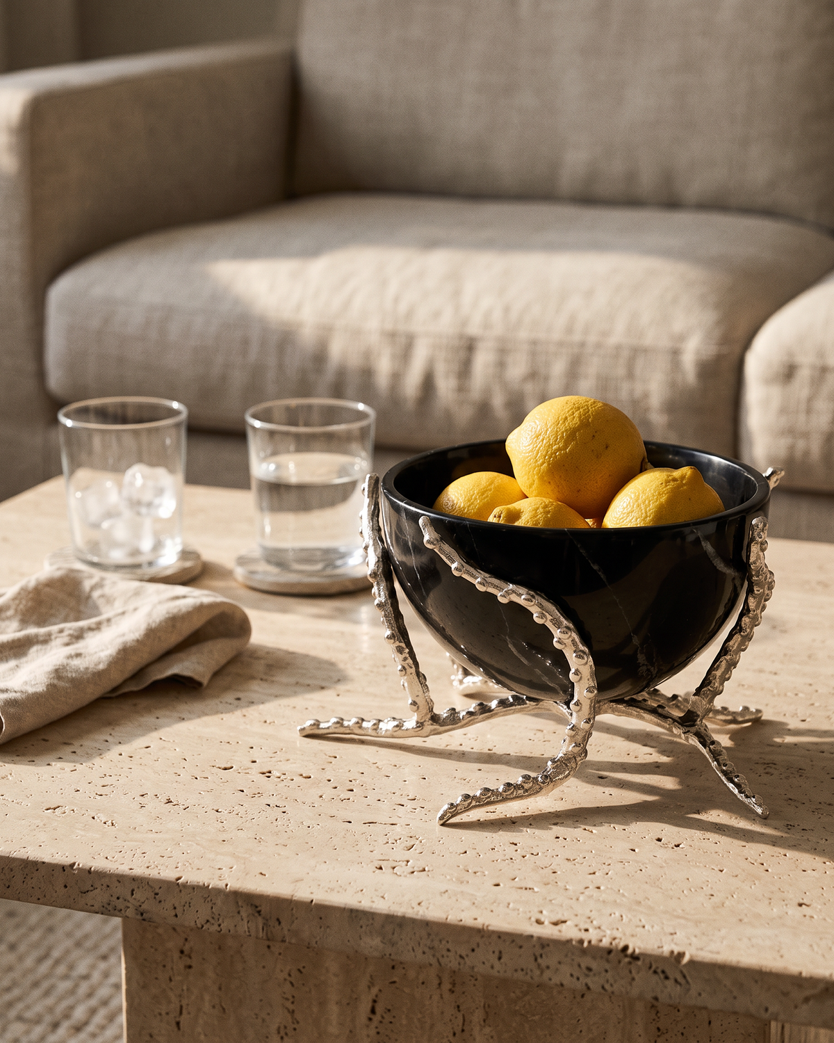 Brass Octopus Bowl styled in a warm interior setting