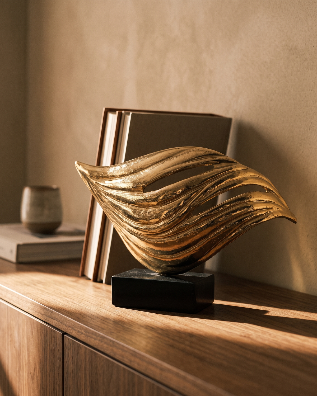 Brass wave sculpture on a walnut sideboard in afternoon light