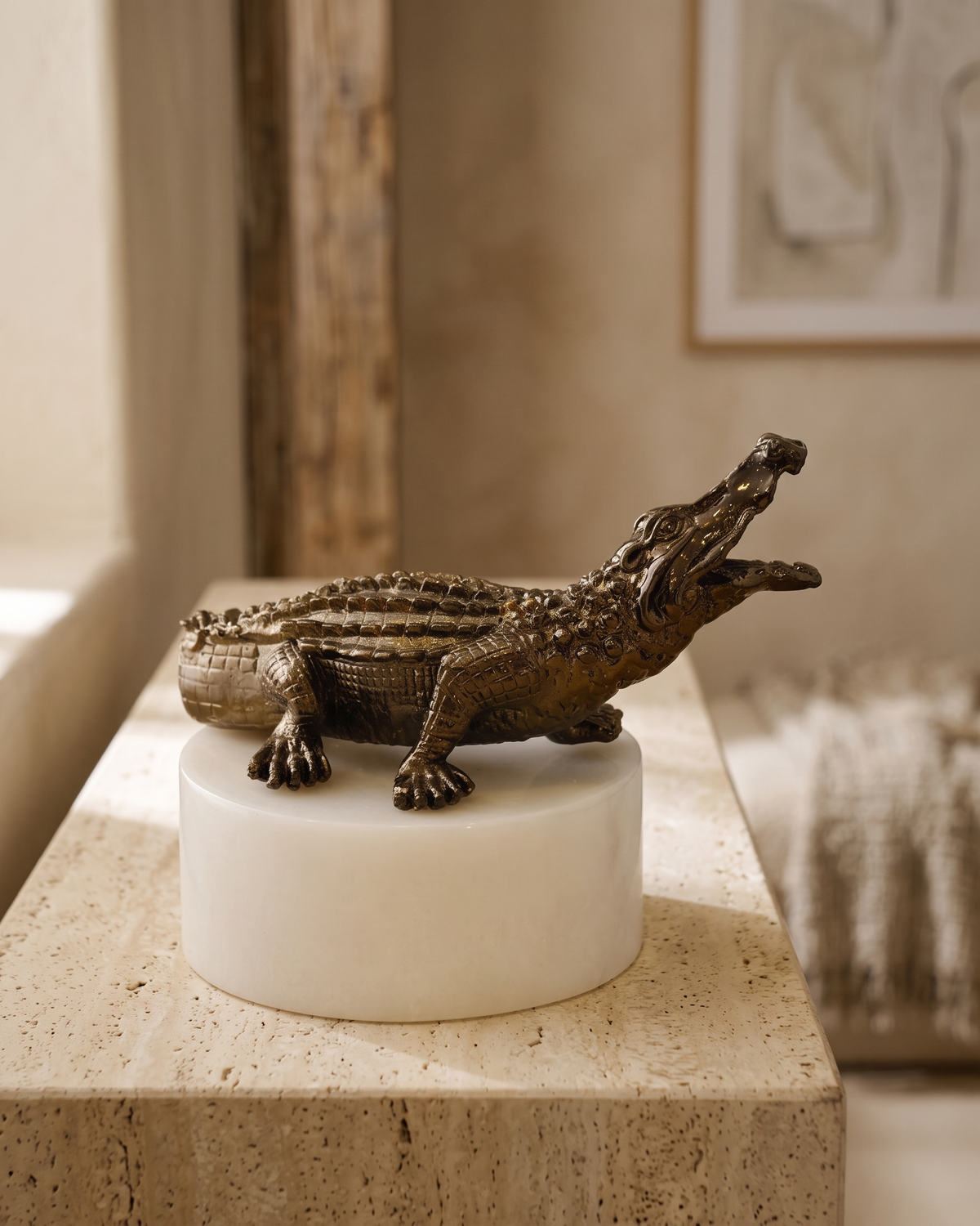 Bronze Crocodile on Marble Base (One Piece) styled in a warm interior