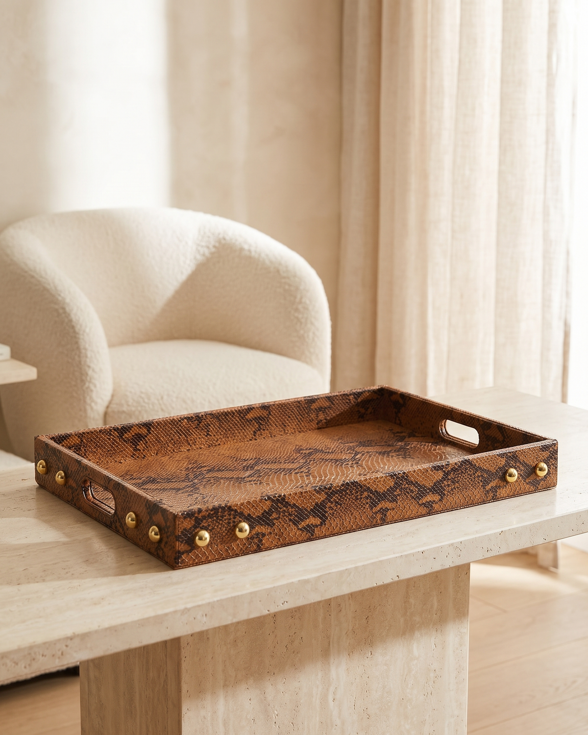 Brown Faux Snakeskin Tray - styled on a travertine console in a light interior