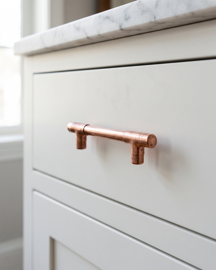 Cabinet Pull Handle with Backplate – 100% Solid Copper, Handmade Industrial Design