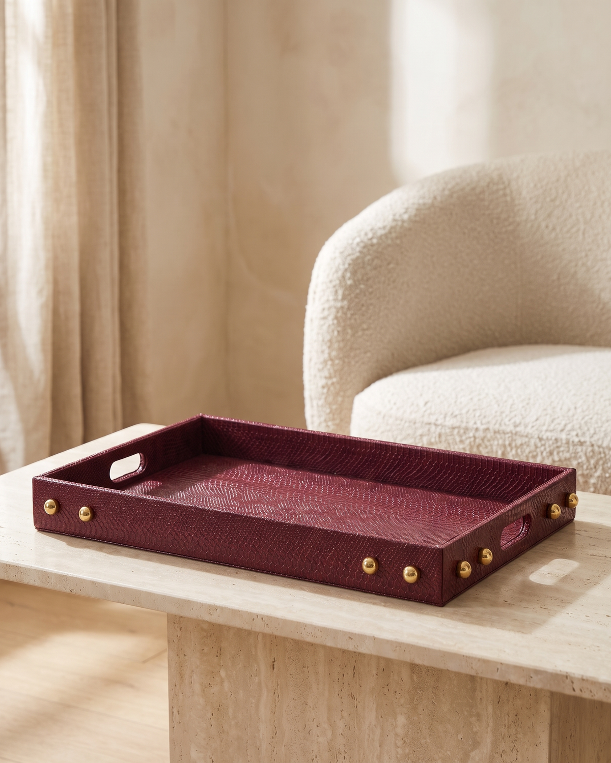 Burgundy Python-Effect Tray - styled on a travertine console in a light interior