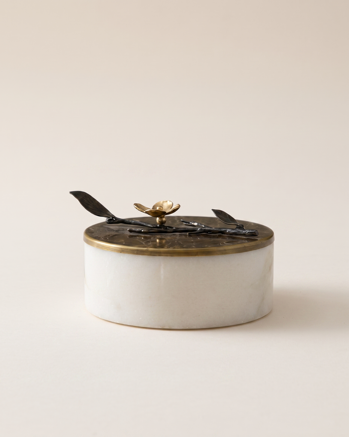 Brass Branch Marble Box with Sculptural Botanical Lid – Decorative Marble Keepsake Box for Home Styling