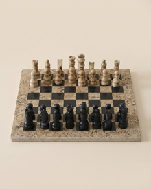 Chess Set IV - fossil stone and black marble chess set on ivory studio background