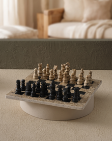 Chess Set IV - styled on a warm beige console in a cosy interior
