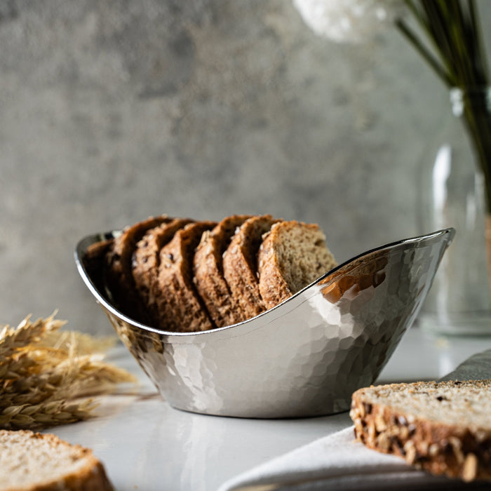 Elegant Chrome-Plated Copper Bread Basket – Handcrafted with Hammered Texture