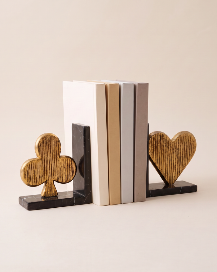 Clover & Heart Bookends, Brass & Black Marble (Set of 2)