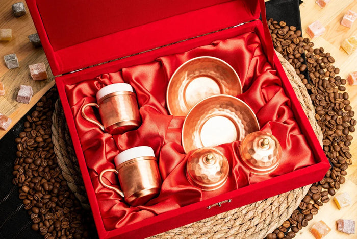 Turkish Copper Coffee Cup Set with Plates & Lids – Handmade 6-Piece Gift for 2