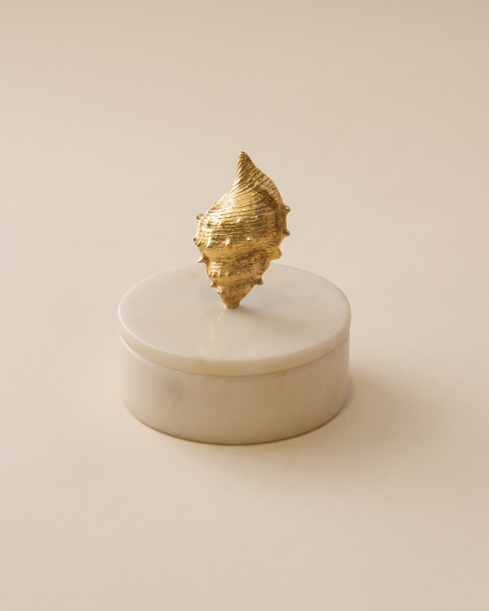 Conch Shell Marble Box with Sculptural Brass Gold Shell Lid – Decorative Marble Trinket & Keepsake Box