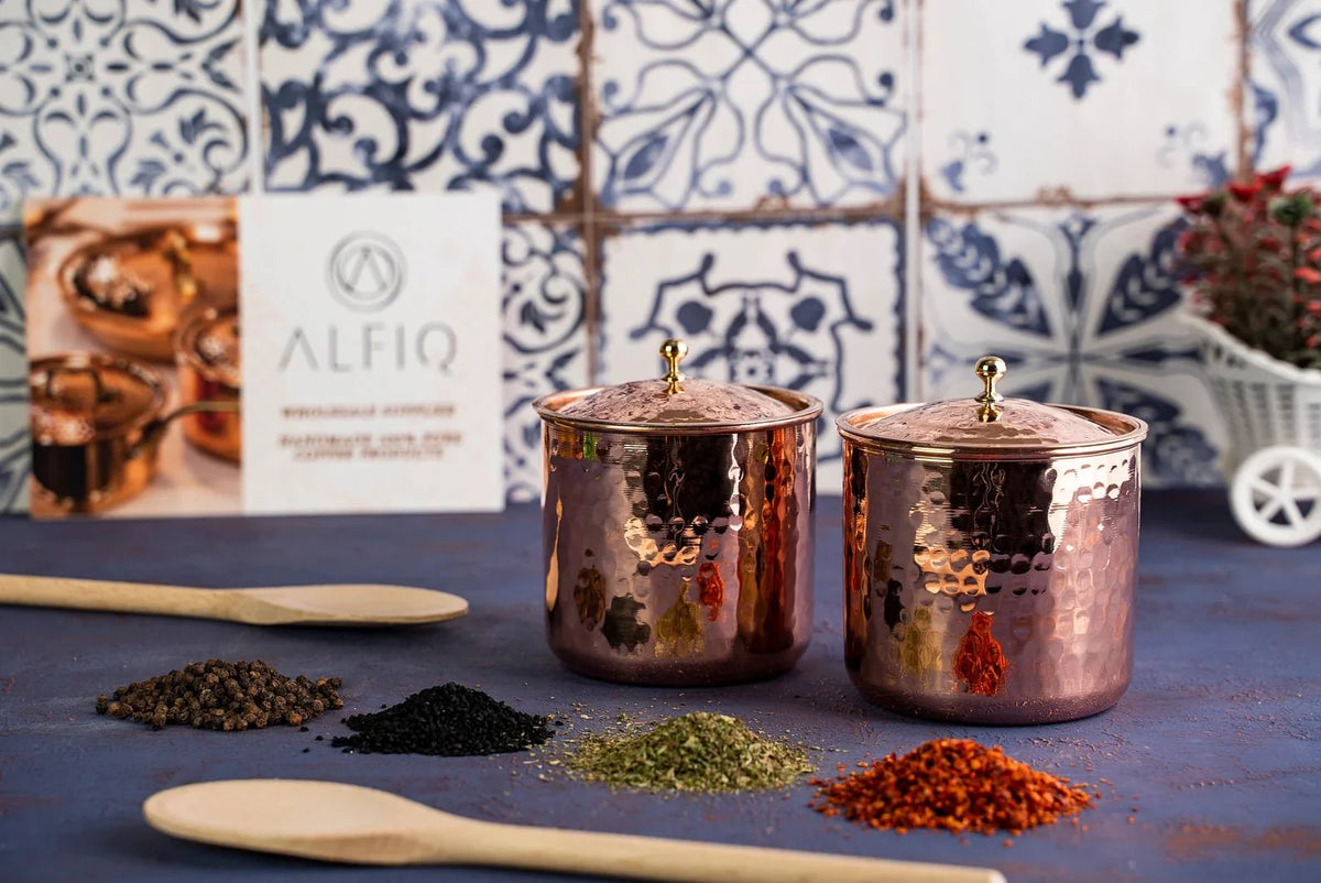 Set of 4 Solid Copper Canister Set with Lid | 100% Copper Kitchen Storage Box| Copper Spice Jar Container (2 x 750 ml & 2 x 450 ml) - Alfiq's Store
