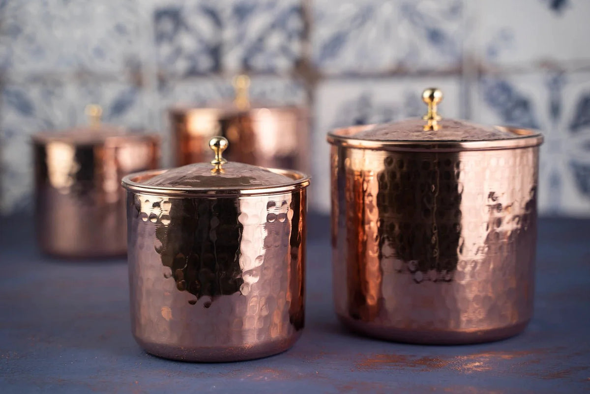 Set of 4 Solid Copper Canister Set with Lid | 100% Copper Kitchen Storage Box| Copper Spice Jar Container (2 x 750 ml & 2 x 450 ml) - Alfiq's Store