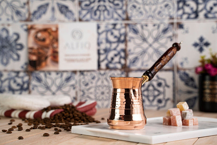 Handmade Copper Coffee Pot with Long Wooden Handle – 300ml Turkish Coffee Maker