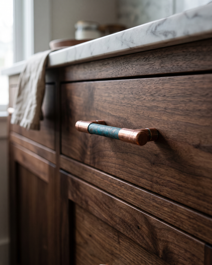 Cabinet Pull Handle – 100% Solid Copper, Verdigris Green Patina, 128 mm