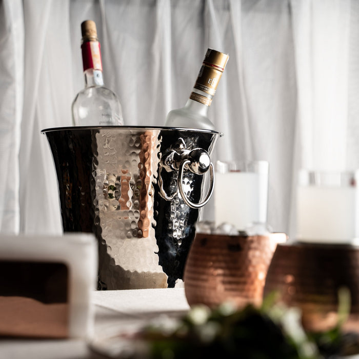 Handmade Chrome-Plated Copper Ice Bucket – Hammered Design with Ring Handles