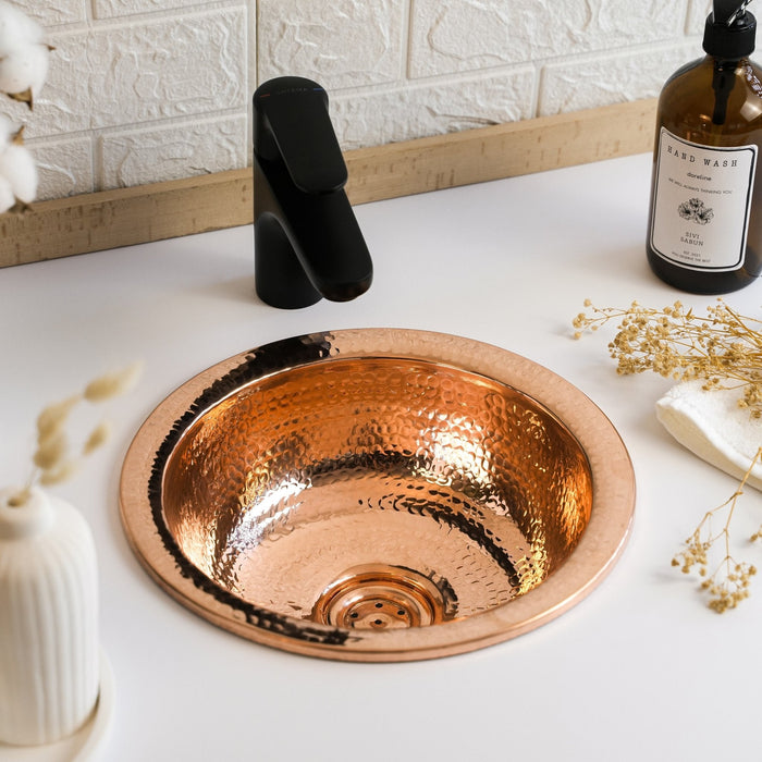 Round Solid Copper Kitchen & Bathroom Sink – Handmade Farmhouse Drop-In/Undermount