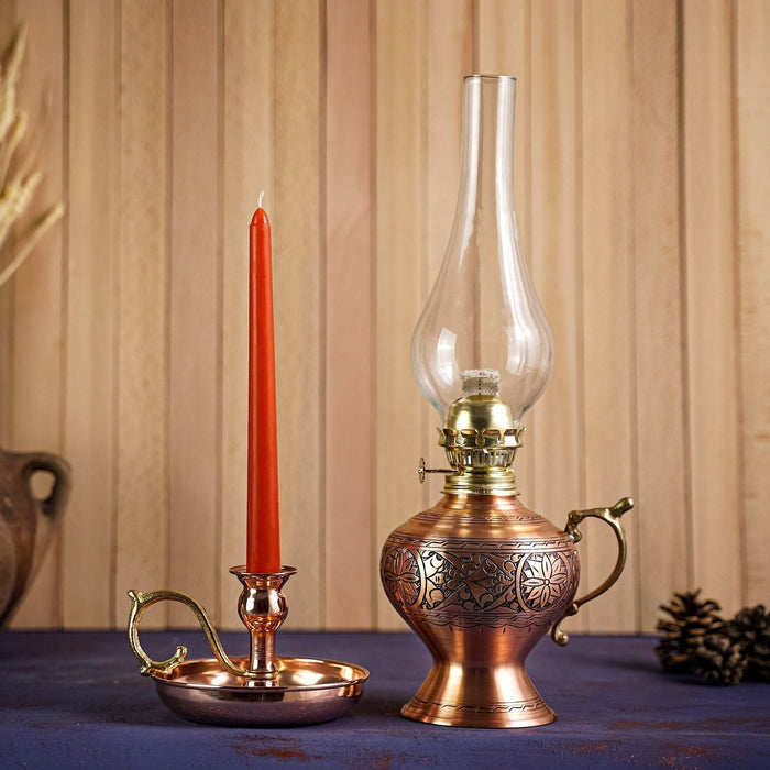 Handcrafted Copper Oil Lamp and Candle Set of 2 | Handmade Solid Copper Lantern