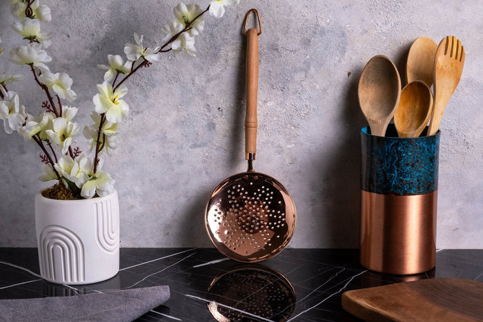 Handcrafted Copper Perforated Skimmer with Wooden Handle – Premium Kitchen Strainer & Cooking Utensil