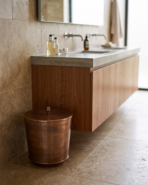 Bathroom Trash Bin with Lid – 100% Solid Copper, Handmade Brushed Finish – in use