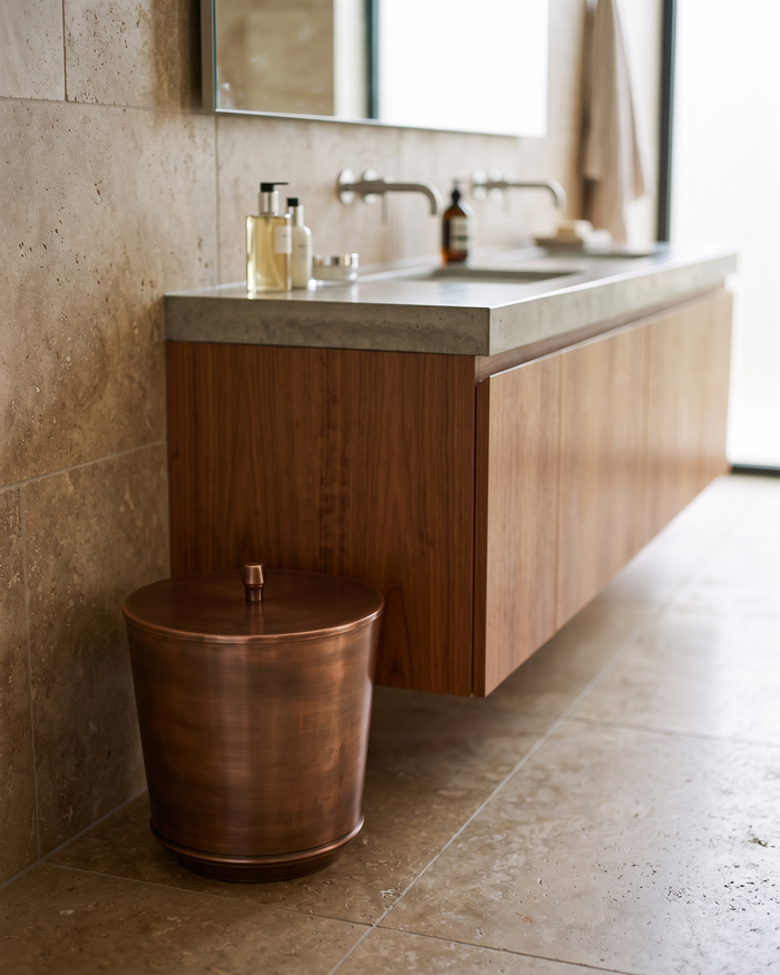 Bathroom Trash Bin with Lid – 100% Solid Copper, Handmade Brushed Finish