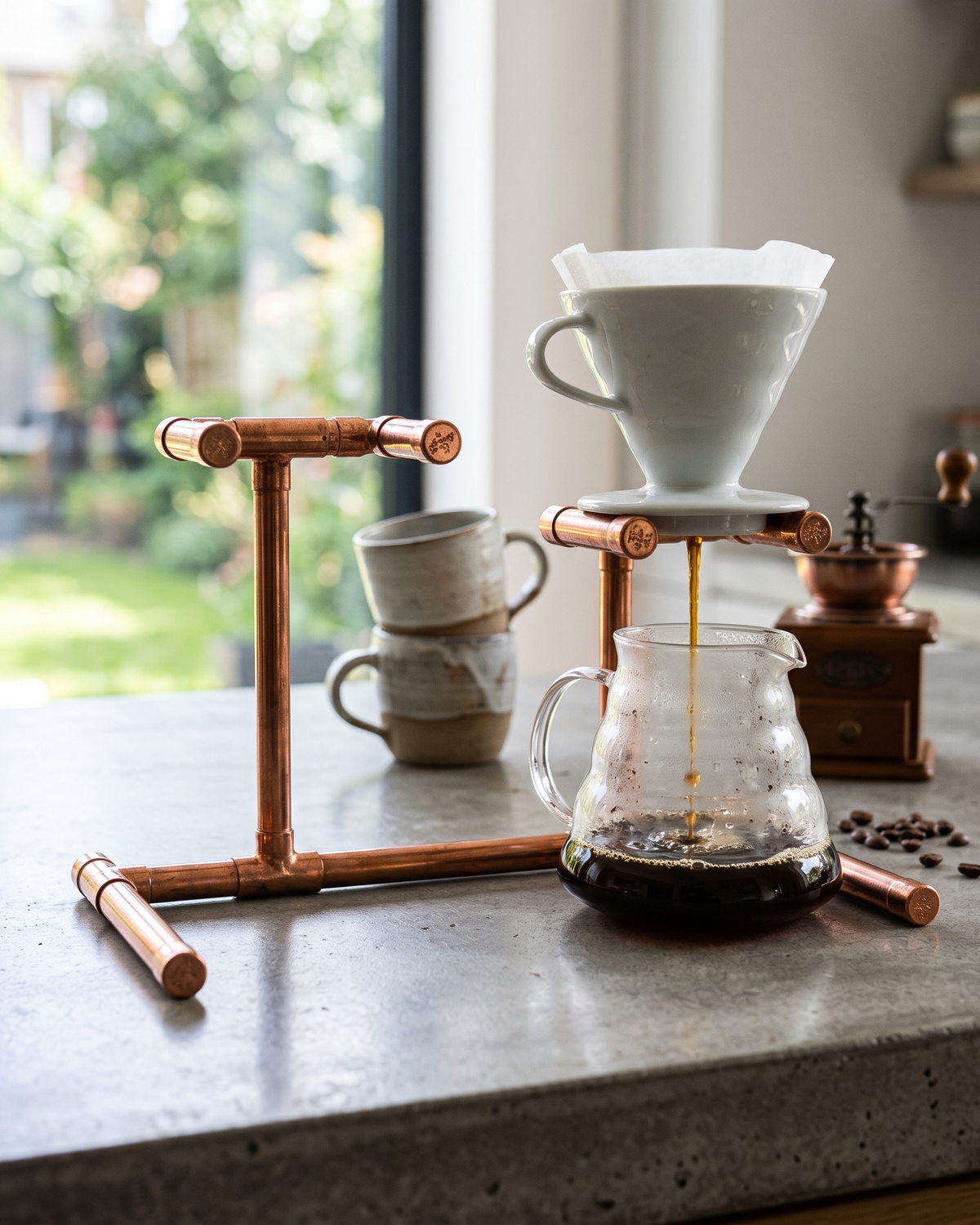 Pour-Over Coffee Stand – 100% Solid Copper, Industrial Design – in use