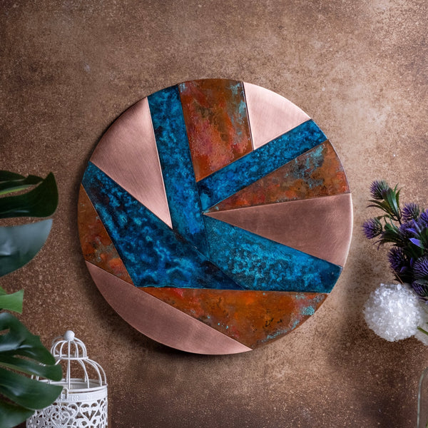 Handmade Solid Copper Wall Art With Verdigris Patina – Geometric Contrast Design