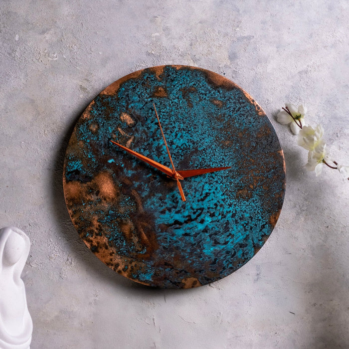 Handmade Solid Copper Wall Clock With Verdigris Patina,  Color Ocean Blue (12" / 300 mm)