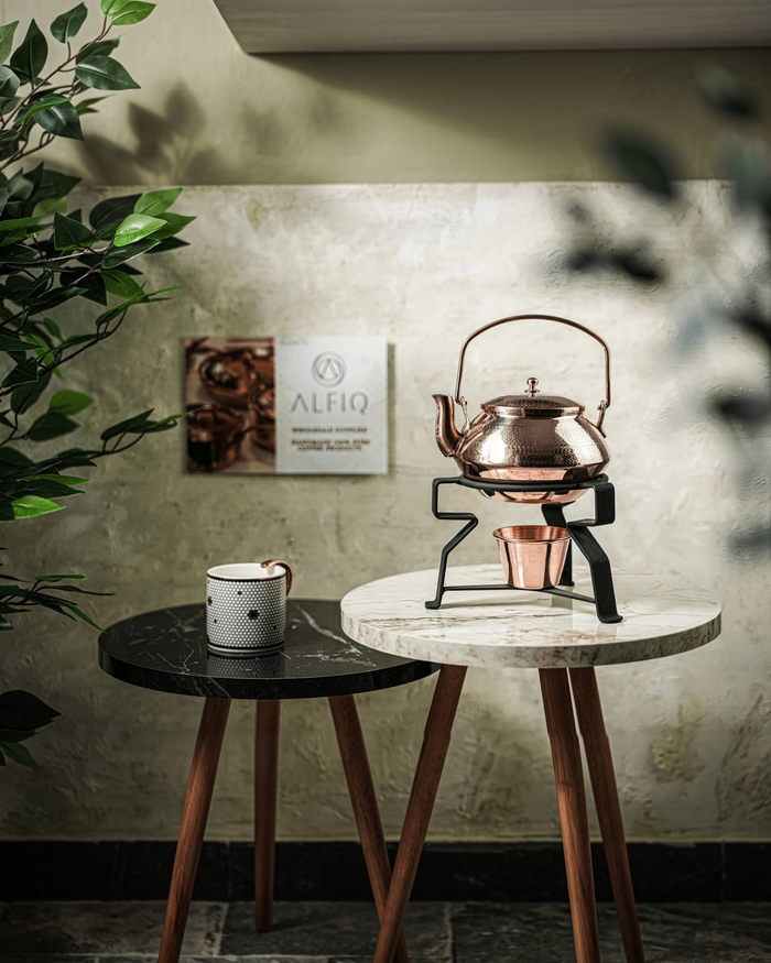 Handmade Solid Copper Tea Kettle with Iron Warmer Stand, 1.6 qt