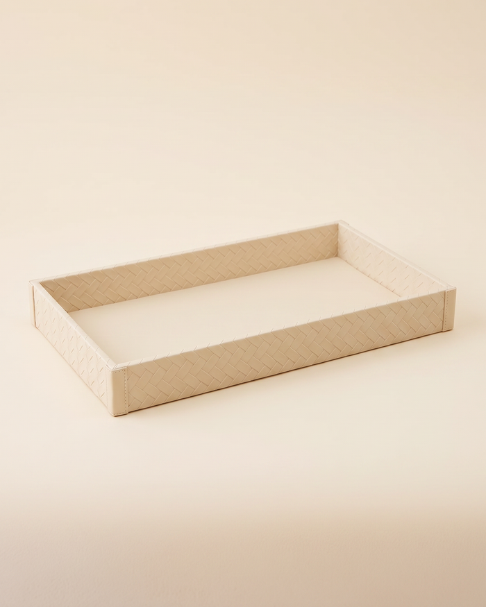 Cream Faux Leather Rectangular Tray With Woven Texture
