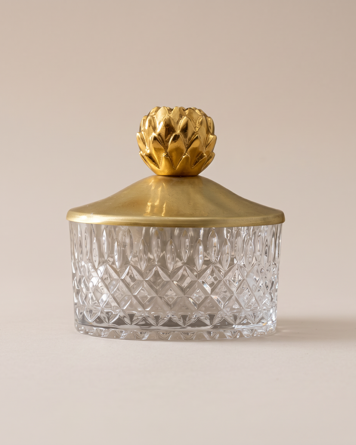 Cut Glass Bowl with Gold Brass Lid (One Piece) on a warm ivory studio background