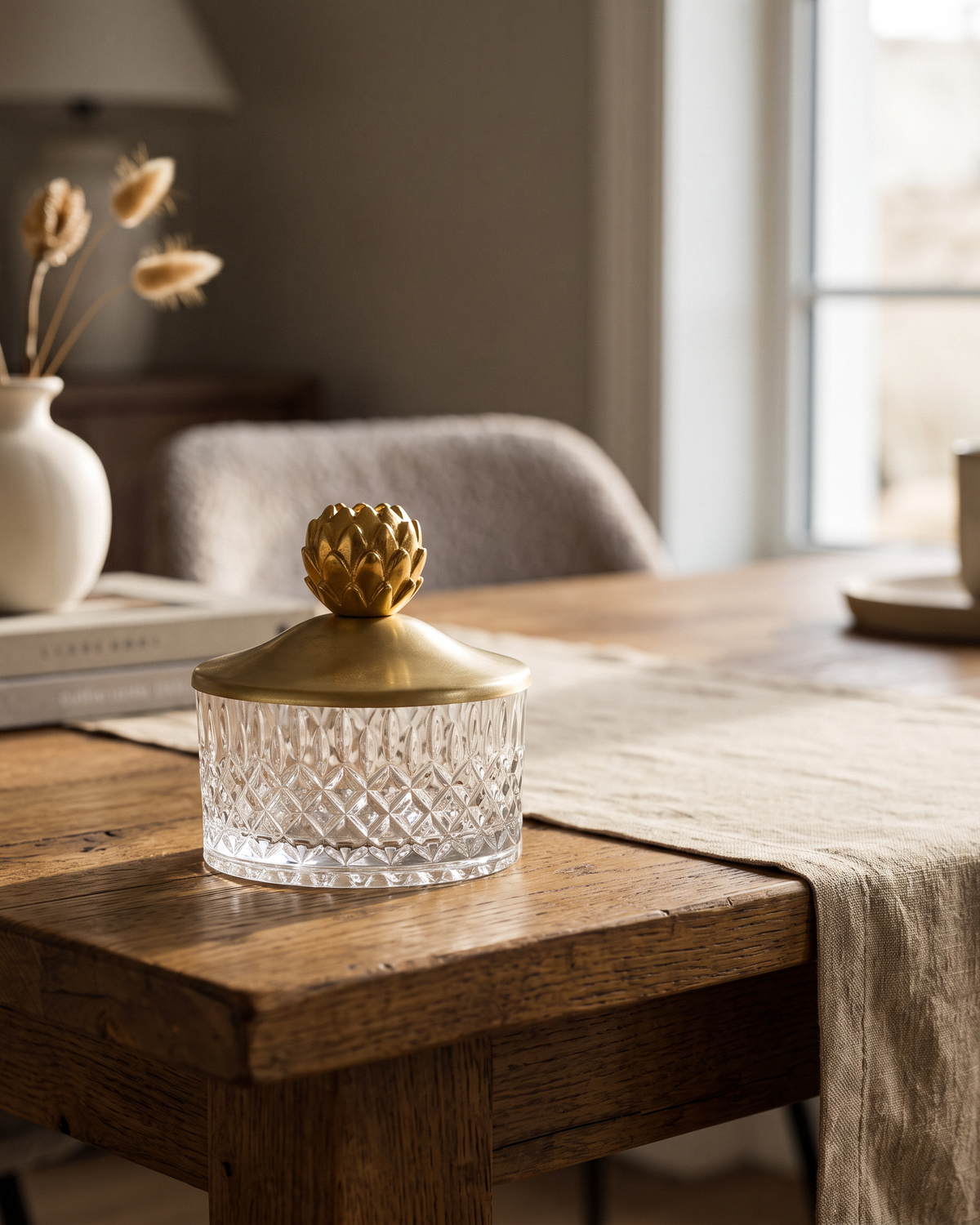 Cut Glass Bowl with Gold Brass Lid (One Piece) styled in a warm interior