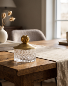 Cut Glass Bowl with Gold Brass Lid (One Piece) styled in a warm interior