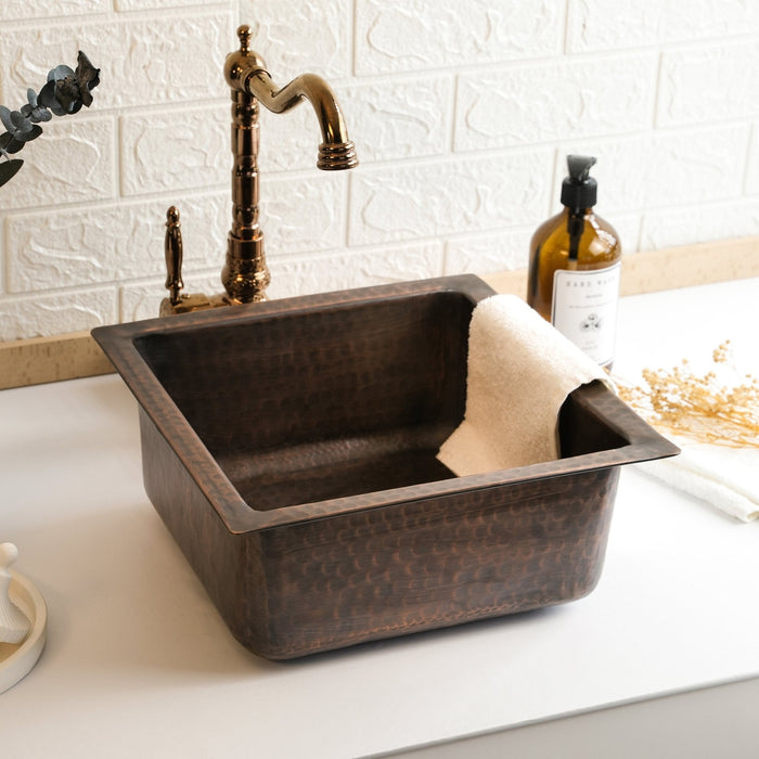 Dark Copper Square Kitchen Vessel Sink – Handmade Hammered Farmhouse Sink with Drain Cap