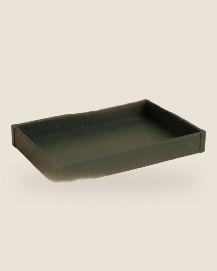 Dark Green Faux Leather Rectangular Tray With Woven Detail