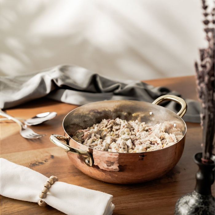 Handcrafted Hammered Deep Copper Cooking Pan – Traditional Cookware with Elegant Brass Handles