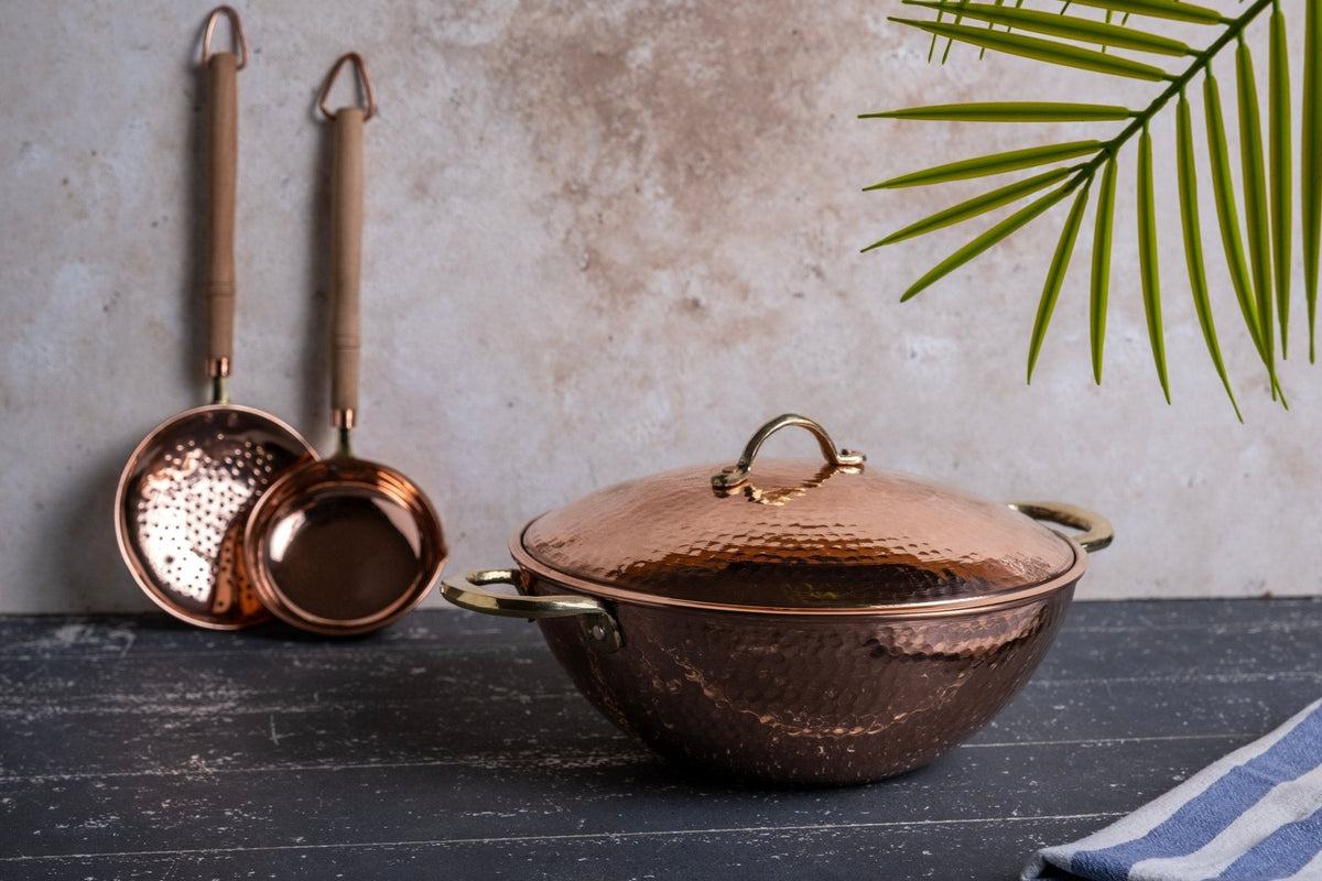 Elegant Hand - Hammered Copper Stew Pot with Lid, Traditional Pan for Serving & Cooking with Brass Handles - Alfiq's Store